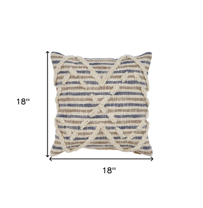 18" X 18" Blue and Beige Striped Cotton Zippered Pillow