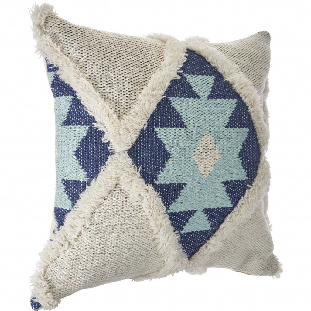 20" X 20" Blue And Cream 100% Cotton Geometric Zippered Pillow