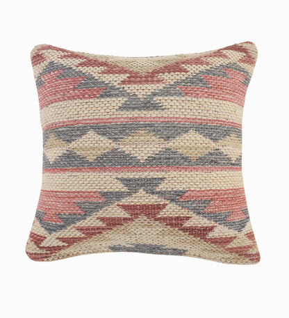 18" X 18" Blue Cream And Red 100% Cotton Geometric Zippered Pillow