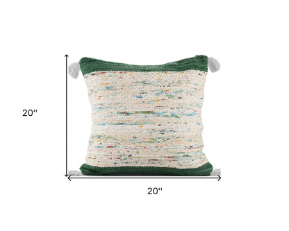 20" X 20" Green And Off-White 100% Cotton Abstract Zippered Pillow