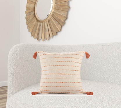 20" X 20" Coral And Ivory 100% Cotton Striped Zippered Pillow