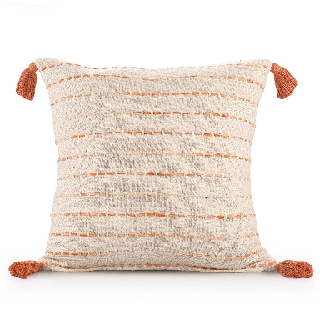 20" X 20" Coral And Ivory 100% Cotton Striped Zippered Pillow