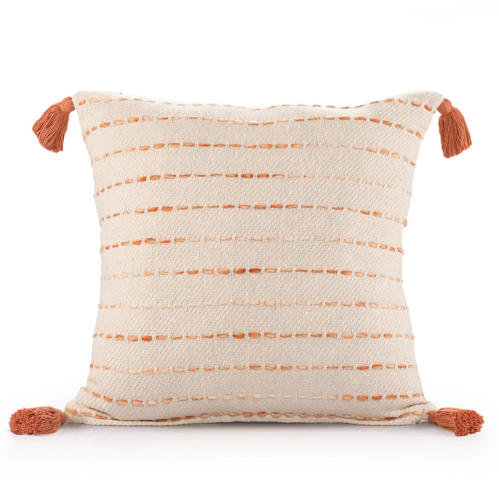 20" X 20" Coral And Ivory 100% Cotton Striped Zippered Pillow