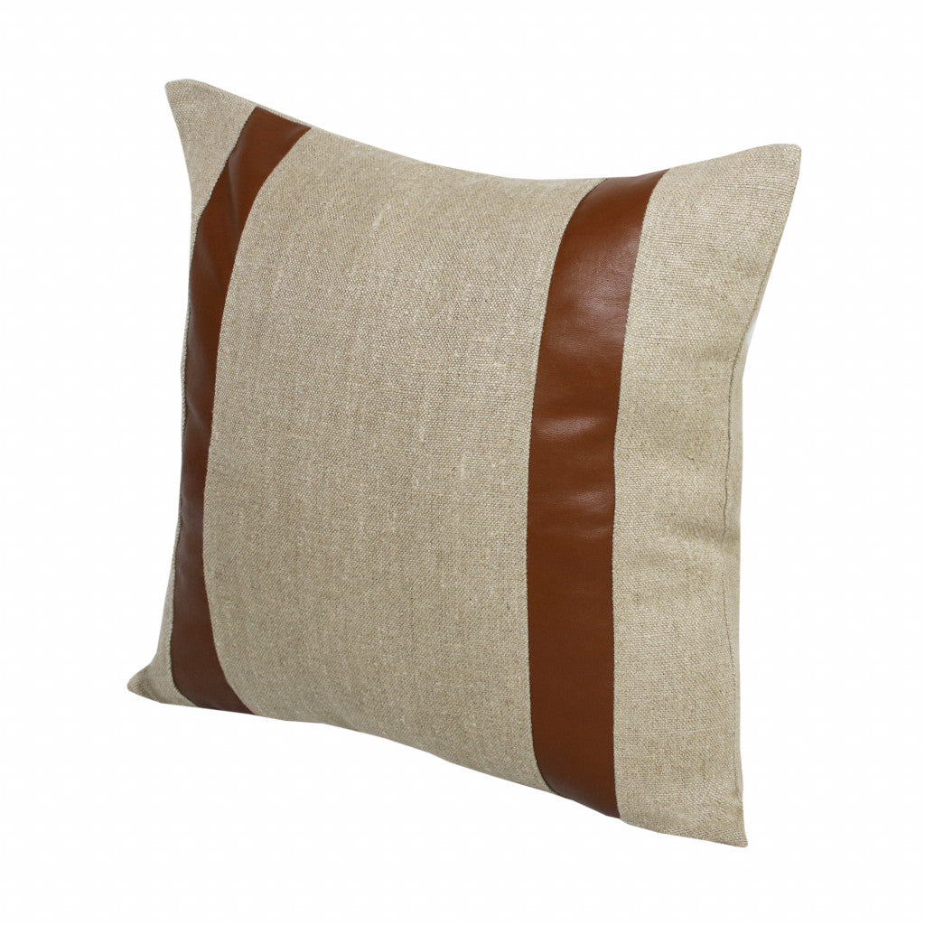 20" X 20" Beige And Brown Linen Striped Zippered Pillow