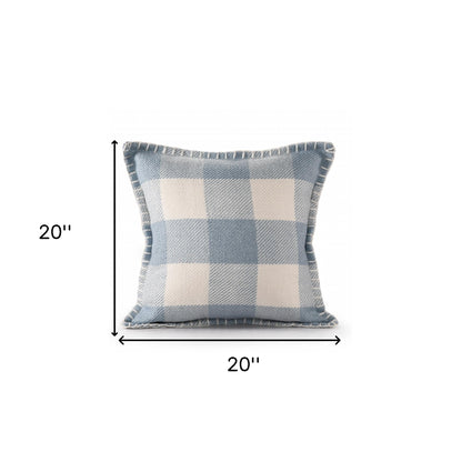 20" X 20" Light Blue And Ivory Polyester Plaid Zippered Pillow