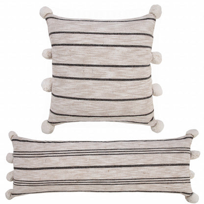 20" X 20" Beige White And Black Jute Striped Zippered Pillow