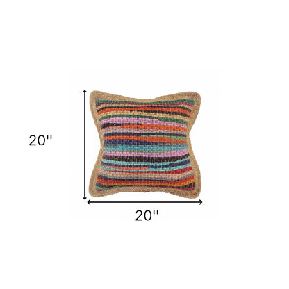 20" Tan Orange and Blue Striped Cotton and Jute Throw Pillow