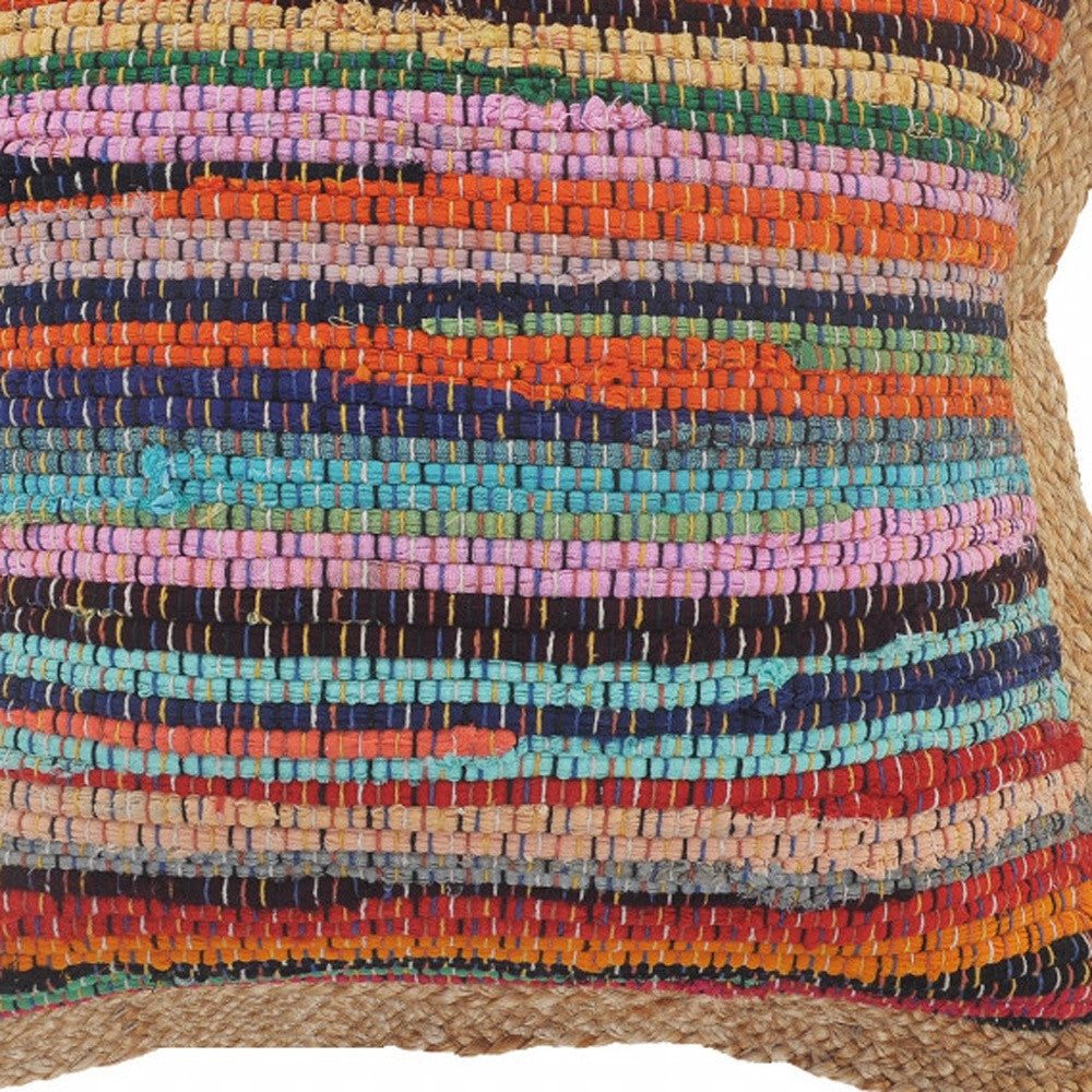 20" Tan Orange and Blue Striped Cotton and Jute Throw Pillow