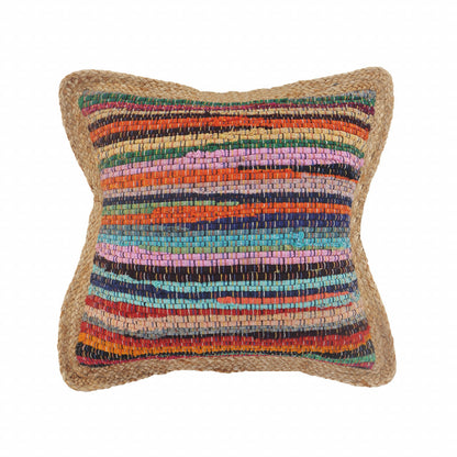 20" Tan Orange and Blue Striped Cotton and Jute Throw Pillow