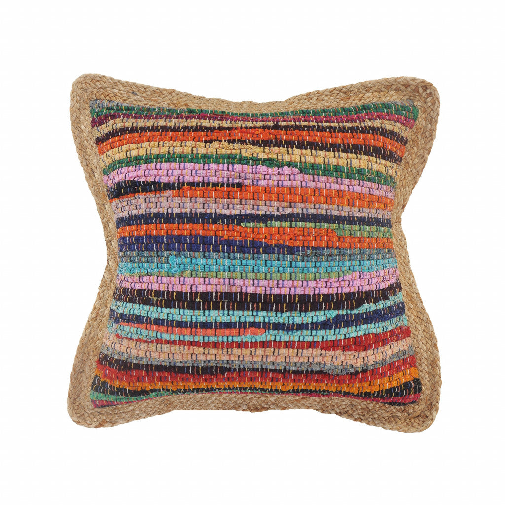 20" Tan Orange and Blue Striped Cotton and Jute Throw Pillow