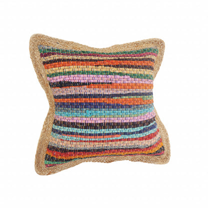 20" Tan Orange and Blue Striped Cotton and Jute Throw Pillow