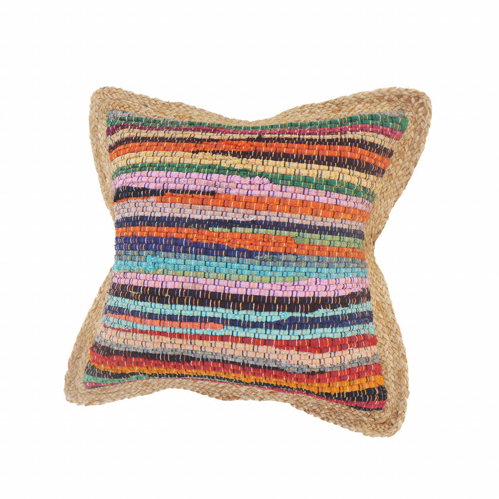 20" Tan Orange and Blue Striped Cotton and Jute Throw Pillow