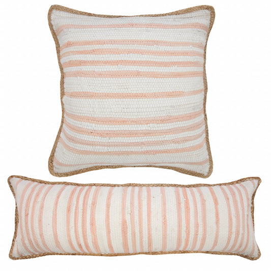 20" X 20" Coral Pink White And Tan 100% Cotton Striped Zippered Pillow