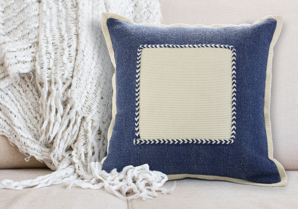 20" X 20" Navy And Cream 100% Cotton Zippered Pillow