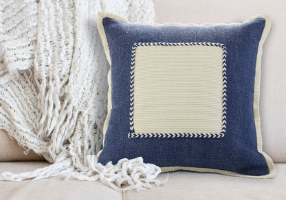 20" X 20" Navy And Cream 100% Cotton Zippered Pillow