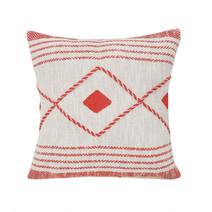 20" X 20" Red And White 100% Cotton Coastal Zippered Pillow