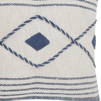 20" Ivory and Blue Coastal Cotton Throw Pillow With Texture