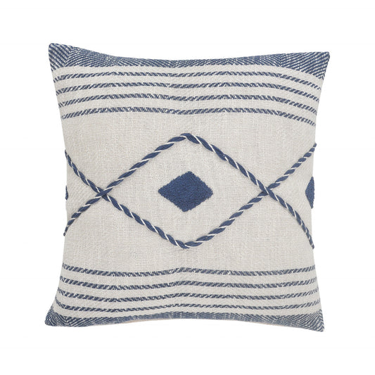 20" Ivory and Blue Coastal Cotton Throw Pillow With Texture