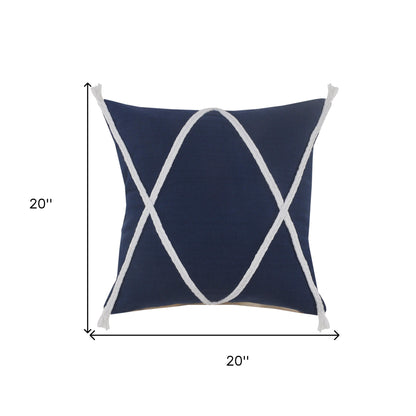 20" X 20" Navy And White 100% Cotton Coastal Zippered Pillow