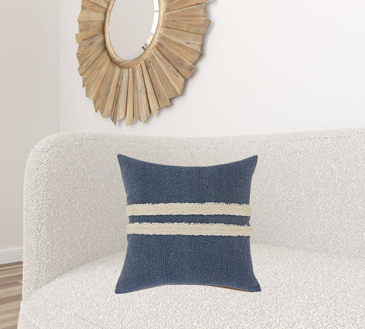 20" X 20" Dusty Blue And White 100% Cotton Striped Zippered Pillow