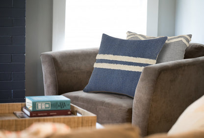 20" X 20" Dusty Blue And White 100% Cotton Striped Zippered Pillow