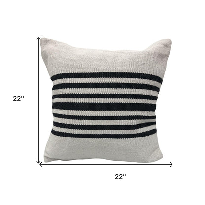 22" X 22" Black and White Striped Cotton Zippered Pillow