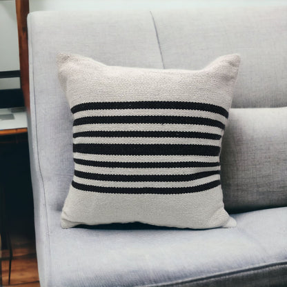 22" X 22" Black and White Striped Cotton Zippered Pillow