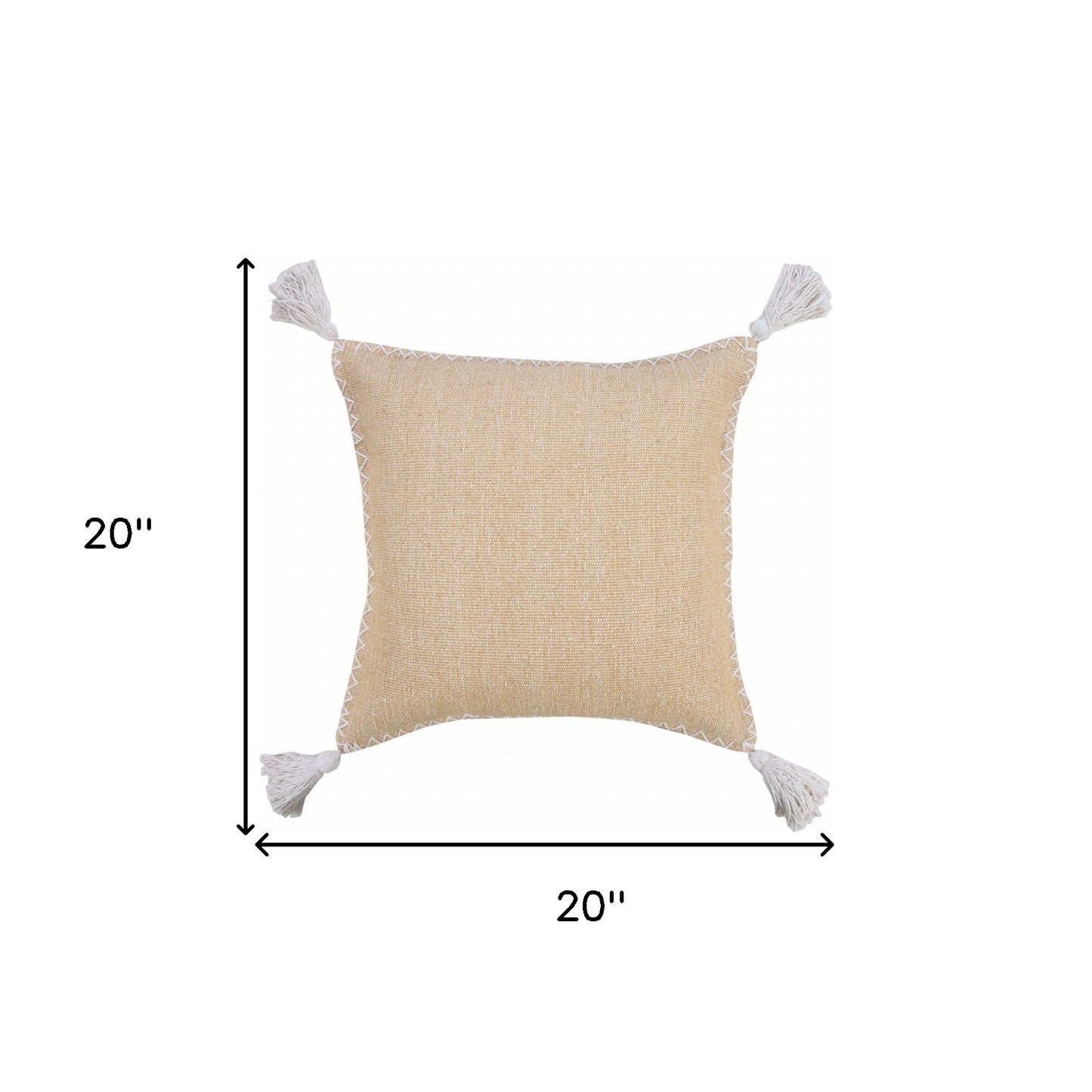 20" X 20" Brown and White Cotton Zippered Pillow With Embroidery, Tassels