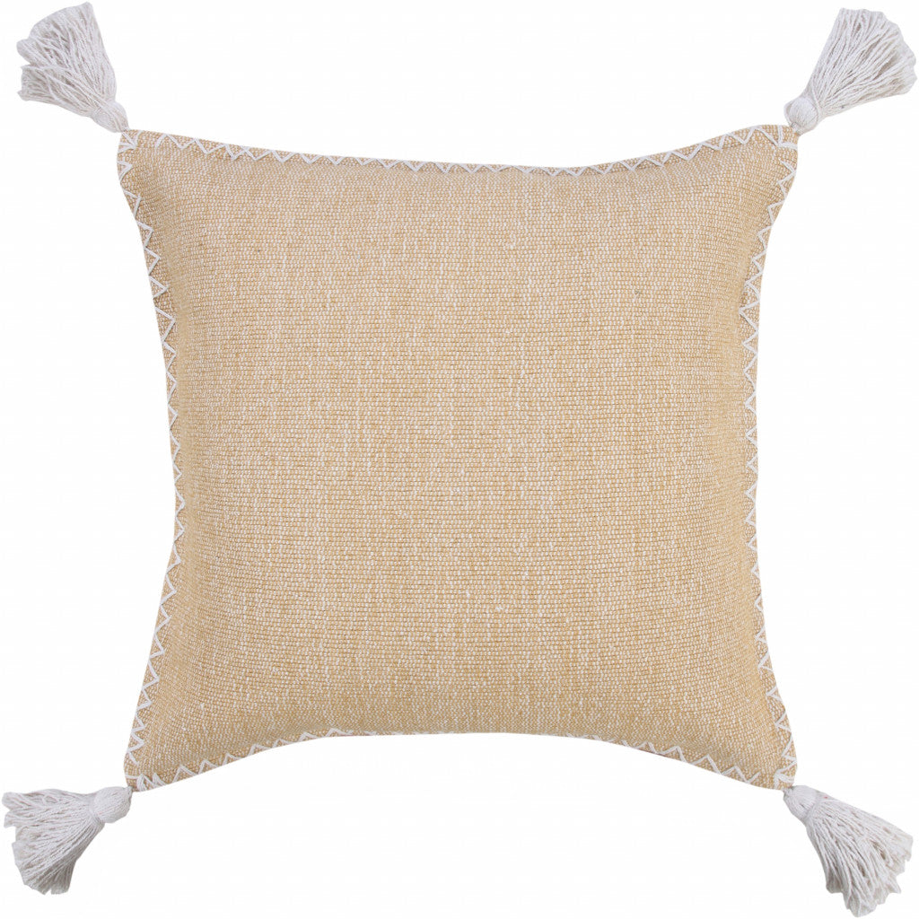 20" X 20" Brown and White Cotton Zippered Pillow With Embroidery, Tassels