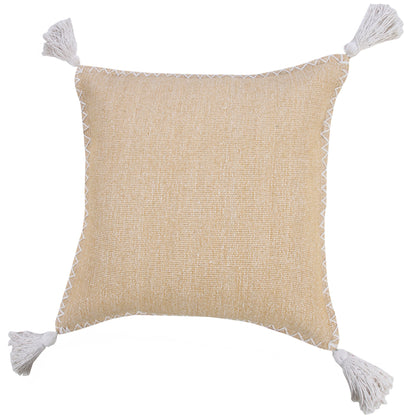 20" X 20" Brown and White Cotton Zippered Pillow With Embroidery, Tassels