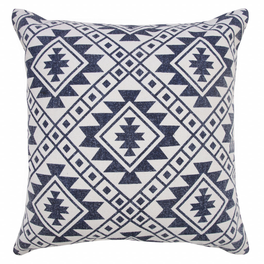 20" X 20" Navy And White 100% Cotton Geometric Zippered Pillow