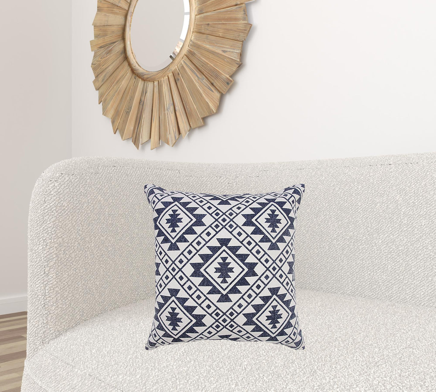 20" X 20" Navy And White 100% Cotton Geometric Zippered Pillow