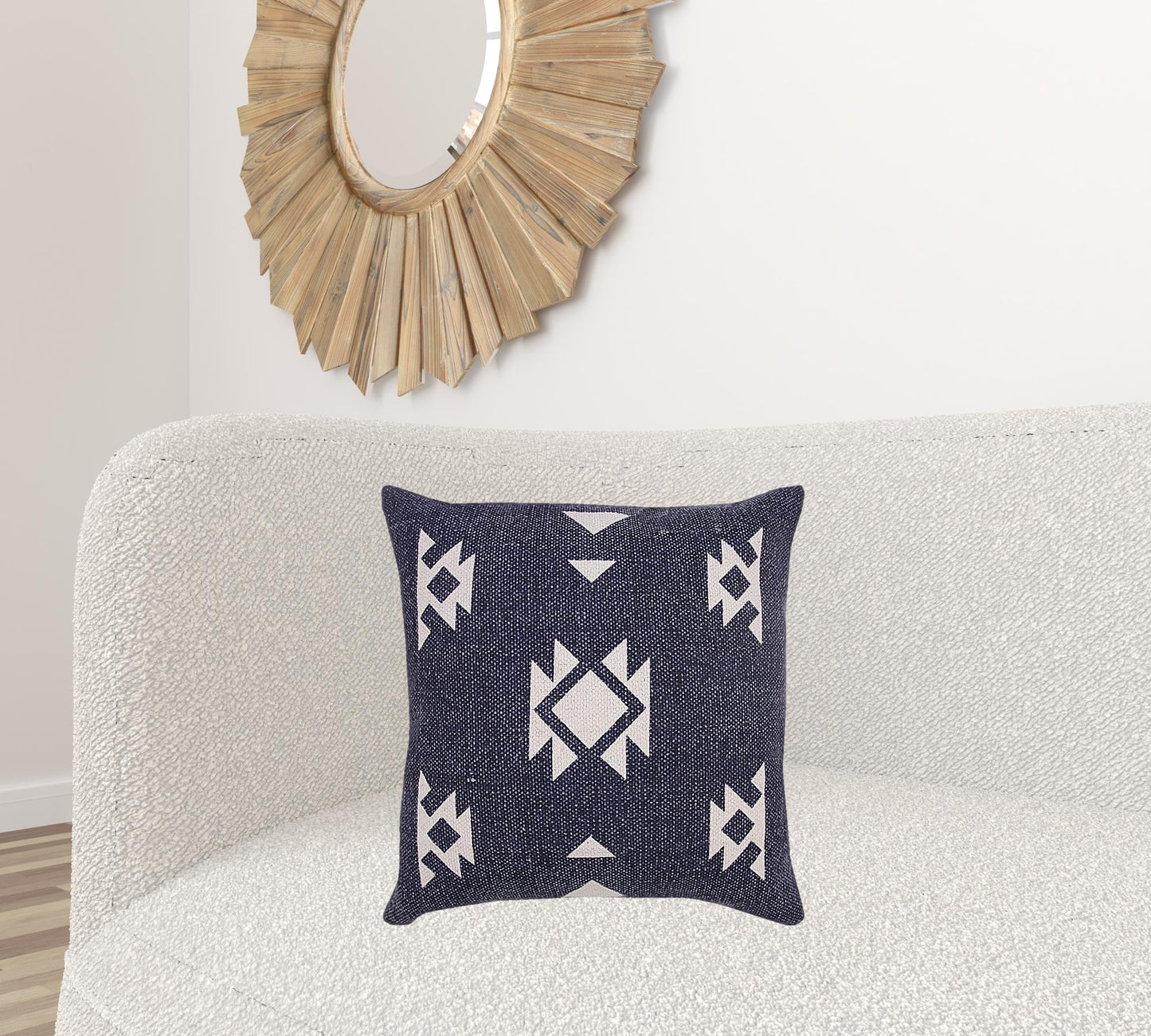 20" X 20" Navy And White 100% Cotton Geometric Zippered Pillow