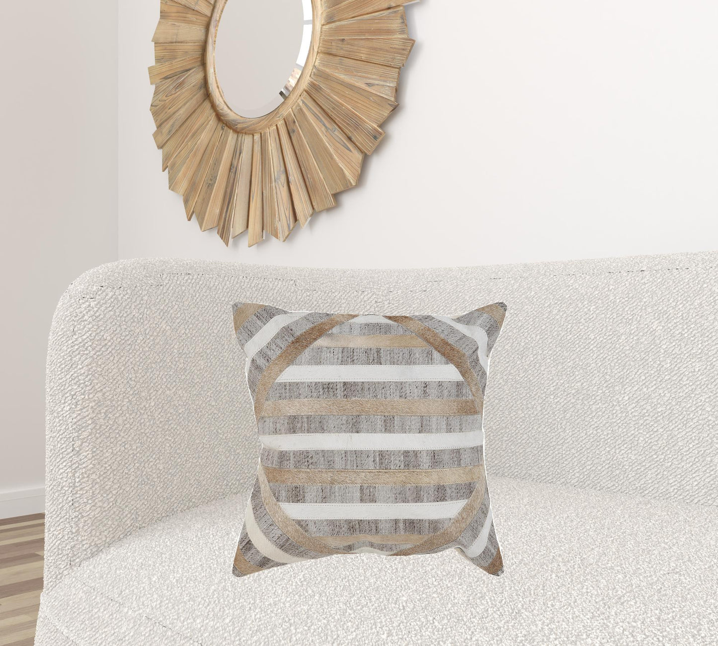 20" Beige and Brown Striped Cowhide Throw Pillow