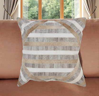 20" Beige and Brown Striped Cowhide Throw Pillow