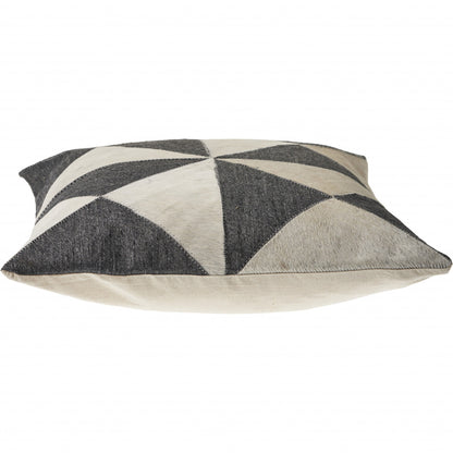 20" Charcoal and Ivory Geometric Wool And Faux Leather Throw Pillow