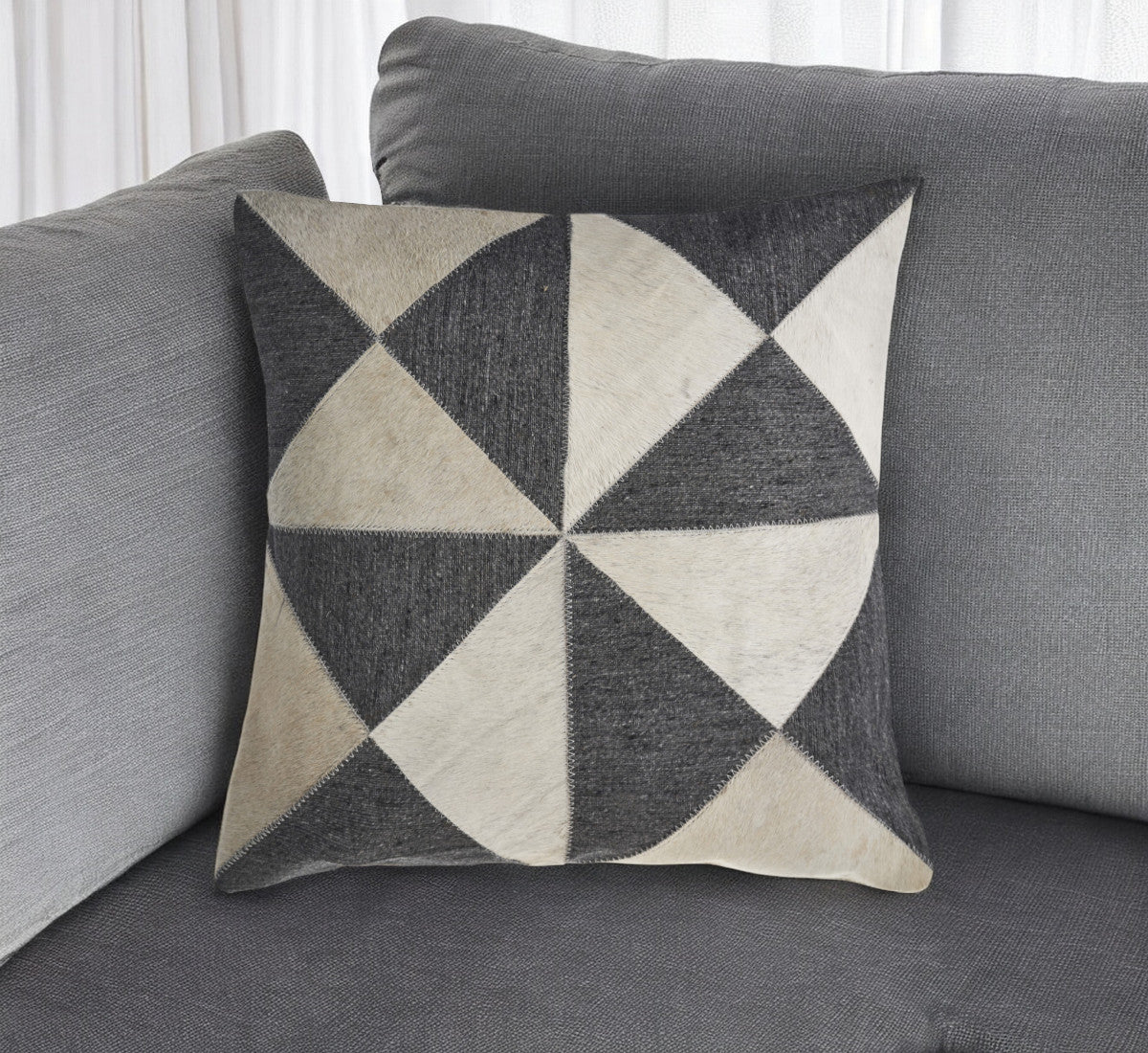 20" Charcoal and Ivory Geometric Wool And Faux Leather Throw Pillow