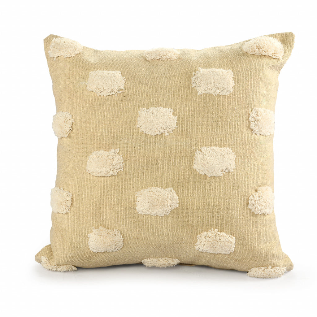 20" Natural and Ivory Polka Dot Cotton Throw Pillow With Pompoms and Texture