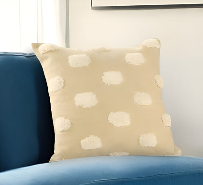 20" Natural and Ivory Polka Dot Cotton Throw Pillow With Pompoms and Texture