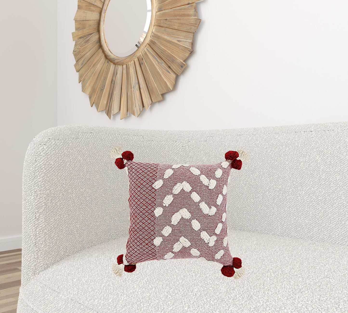 20" X 20" Red And Cream 100% Cotton Geometric Zippered Pillow