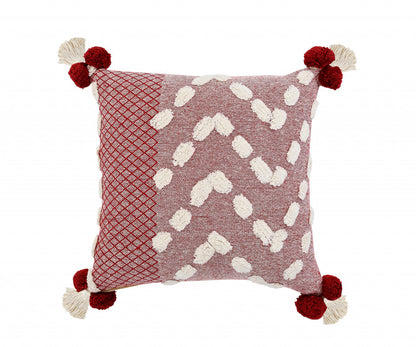 20" X 20" Red And Cream 100% Cotton Geometric Zippered Pillow