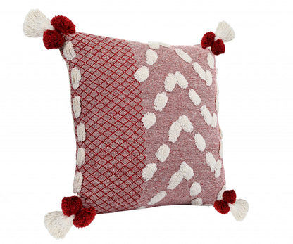 20" X 20" Red And Cream 100% Cotton Geometric Zippered Pillow