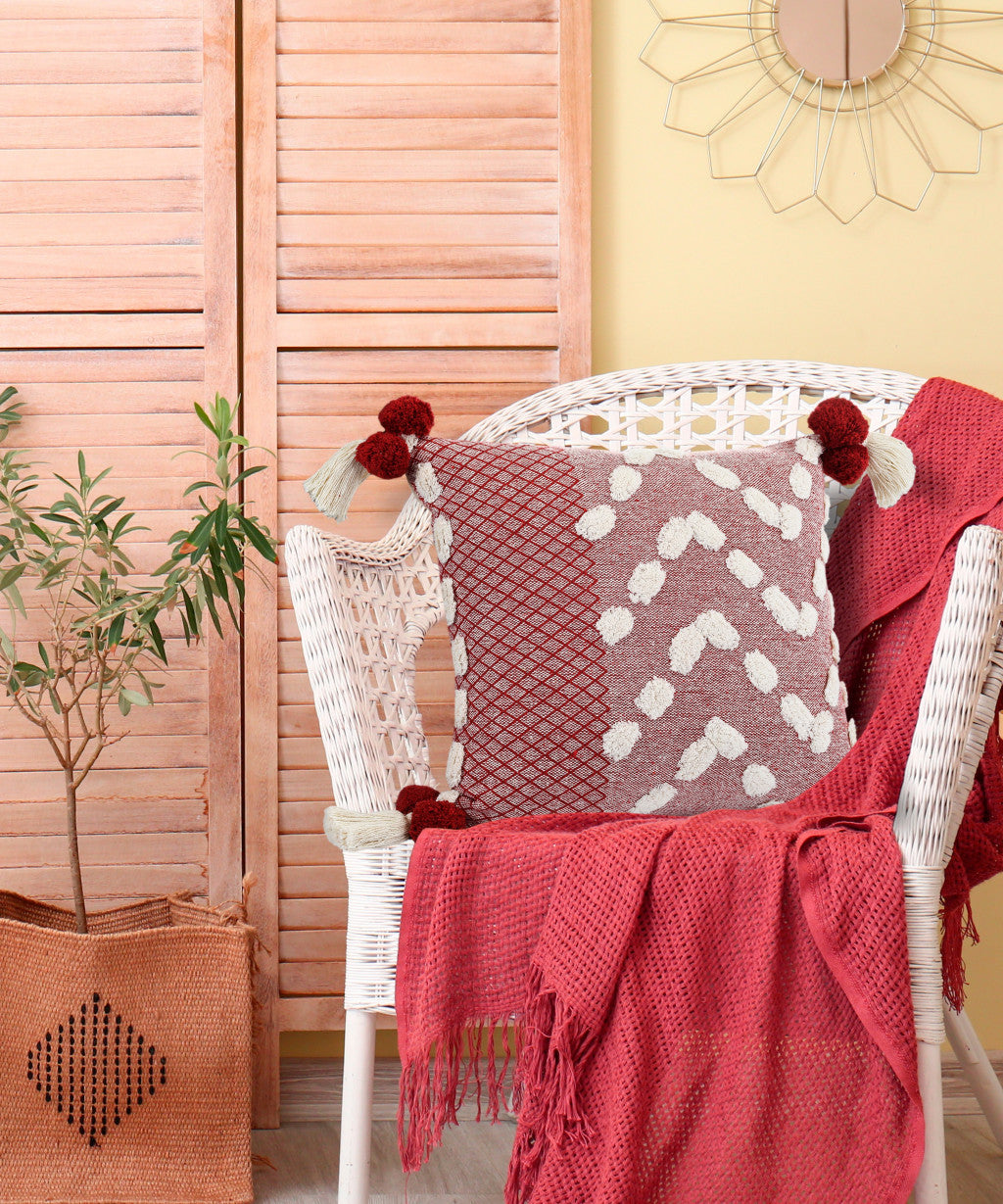 20" X 20" Red And Cream 100% Cotton Geometric Zippered Pillow