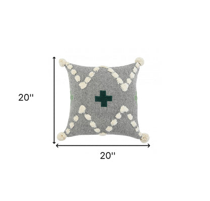 20" X 20" Black Off-White And Green 100% Cotton Geometric Zippered Pillow