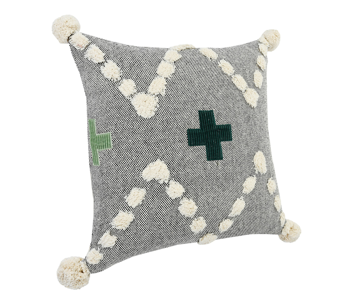 20" X 20" Black Off-White And Green 100% Cotton Geometric Zippered Pillow