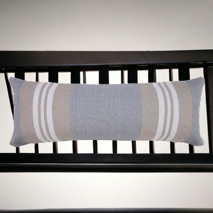 14" X 36" Beige and Gray Striped Cotton Zippered Pillow