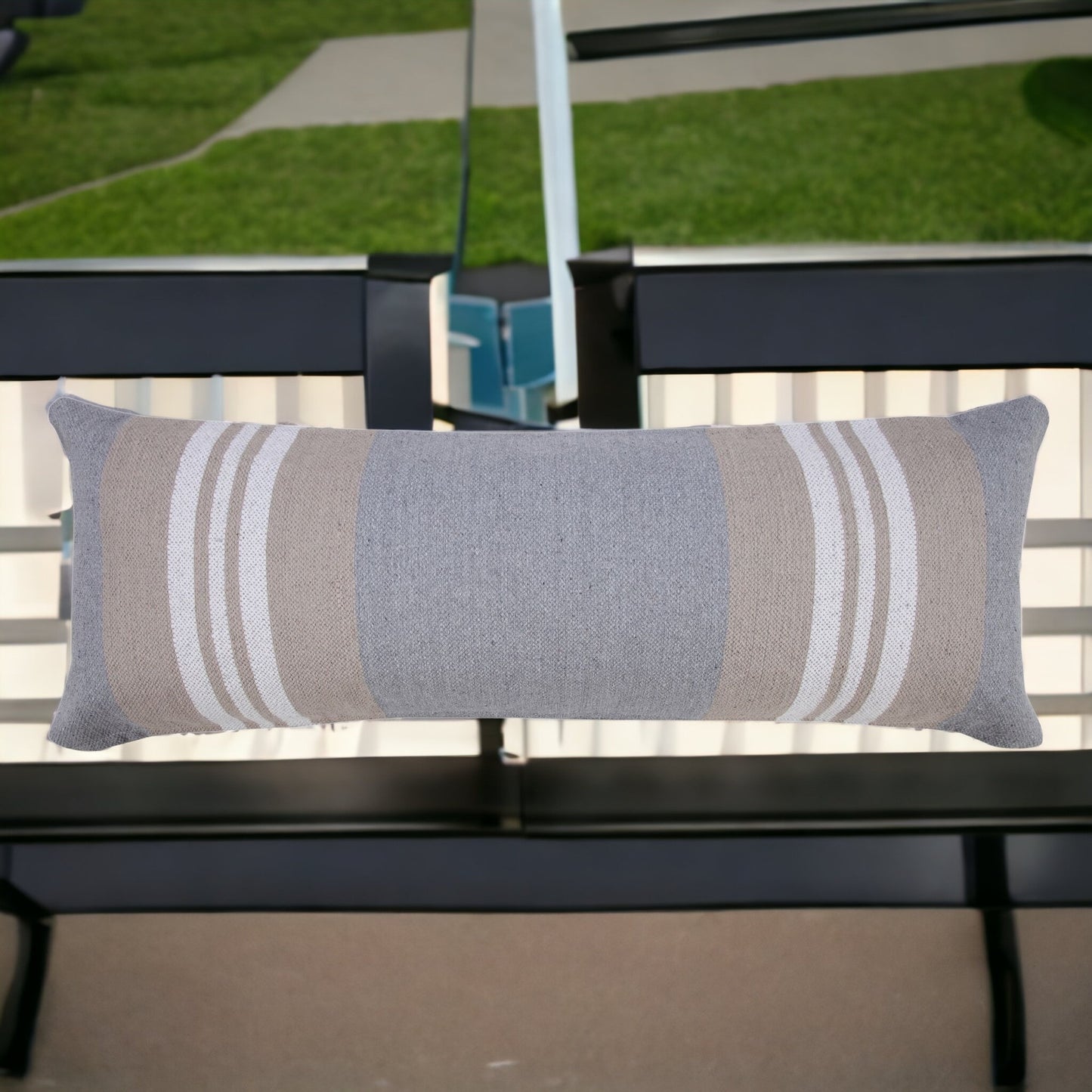 14" X 36" Beige and Gray Striped Cotton Zippered Pillow