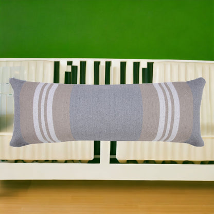 14" X 36" Beige and Gray Striped Cotton Zippered Pillow