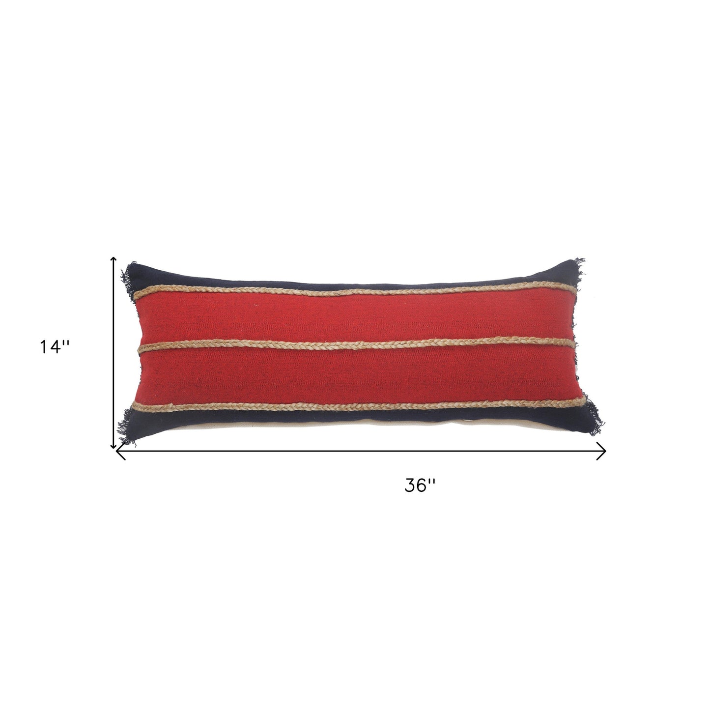 14" X 36" Red Navy And Tan 100% Cotton Striped Zippered Pillow