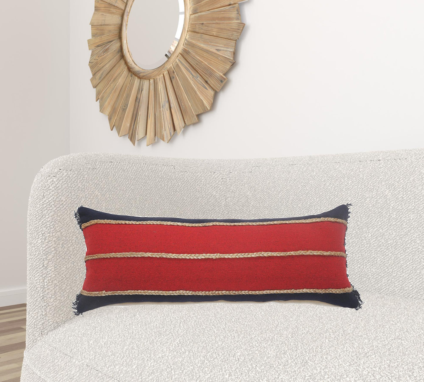 14" X 36" Red Navy And Tan 100% Cotton Striped Zippered Pillow